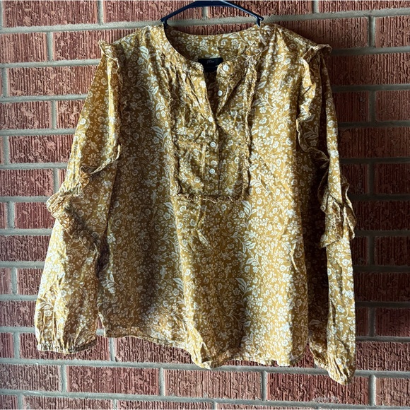 J. Crew Tops - J.Crew Yellow Floral 100% Cotton Ruffled Peasant Blouse Size Medium